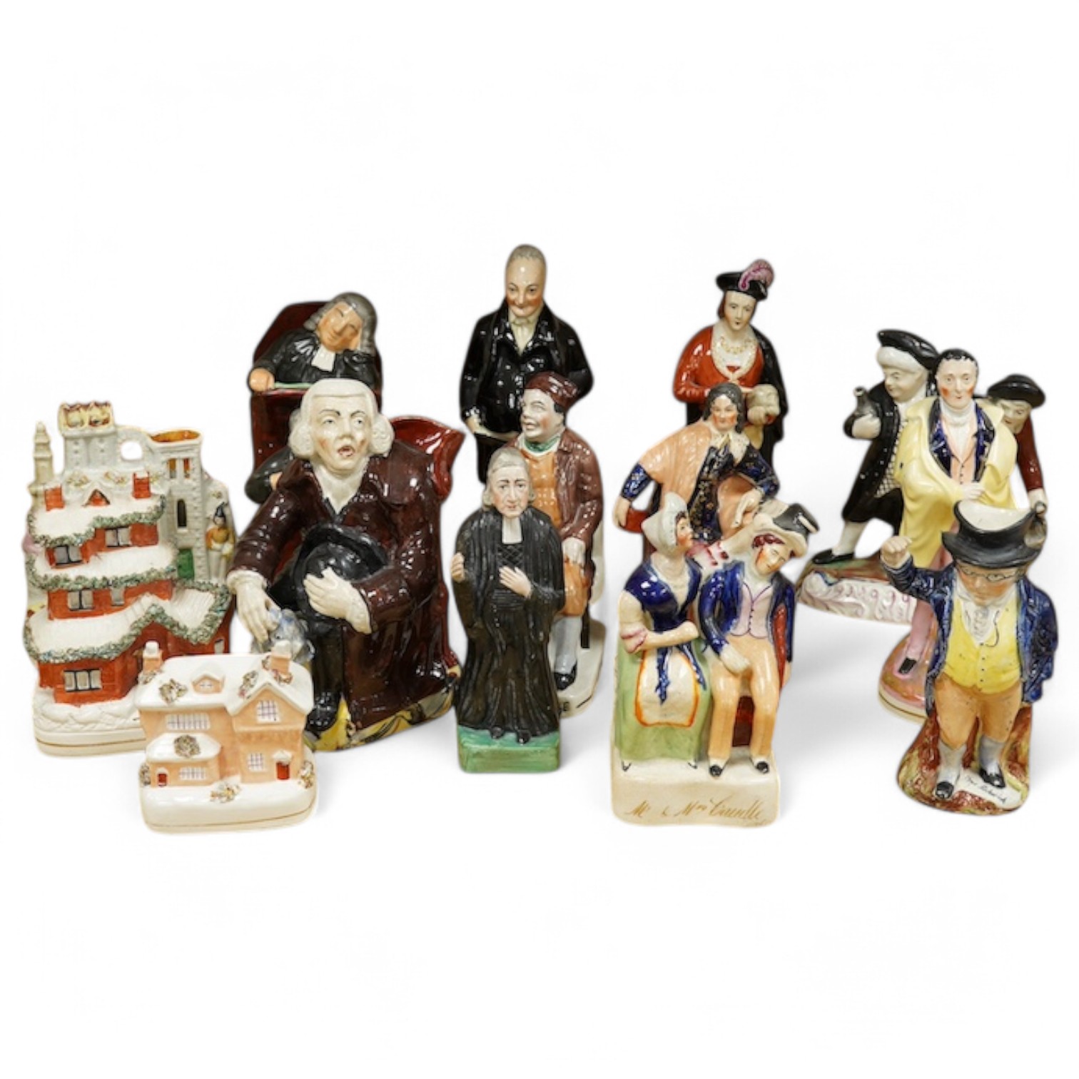 Fourteen various Staffordshire figures/houses, tallest 28cm. Condition - varies